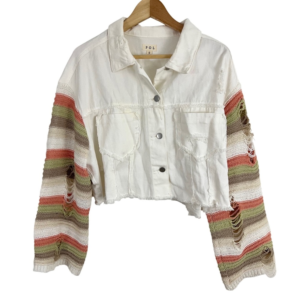 POL Denim Knit Mixed Media Crop Jacket Women Small White Distressed Striped